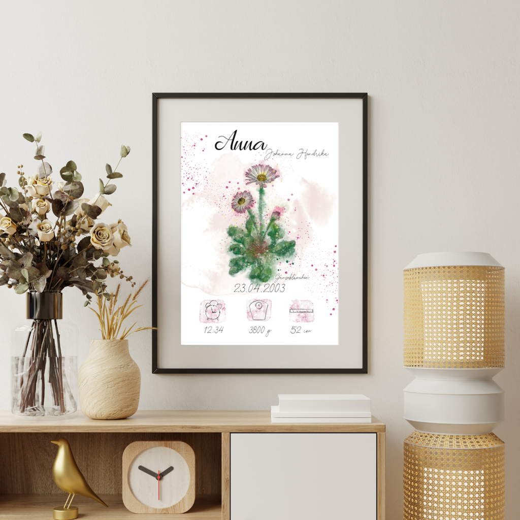 Personalisiertes Geburtsposter: Geburtsblume April Gänseblümchen | Bunt