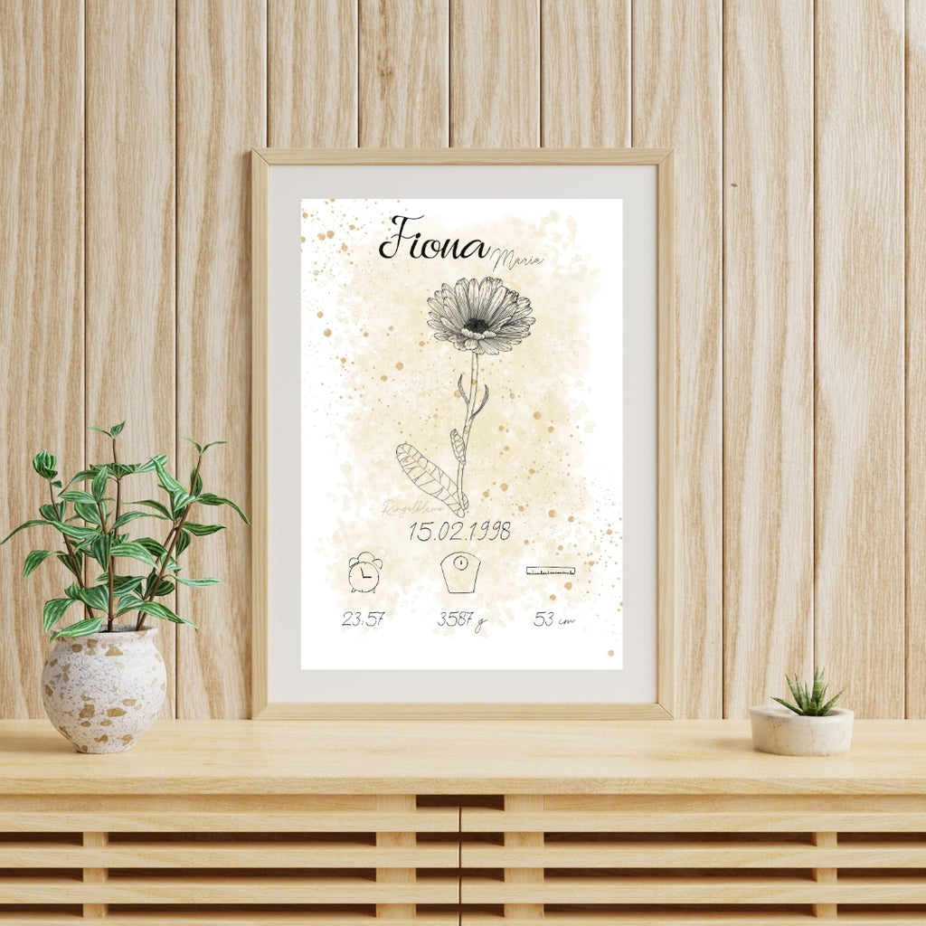 Personalisiertes Geburtsposter: Geburtsblume Oktober Ringelblume | Beige
