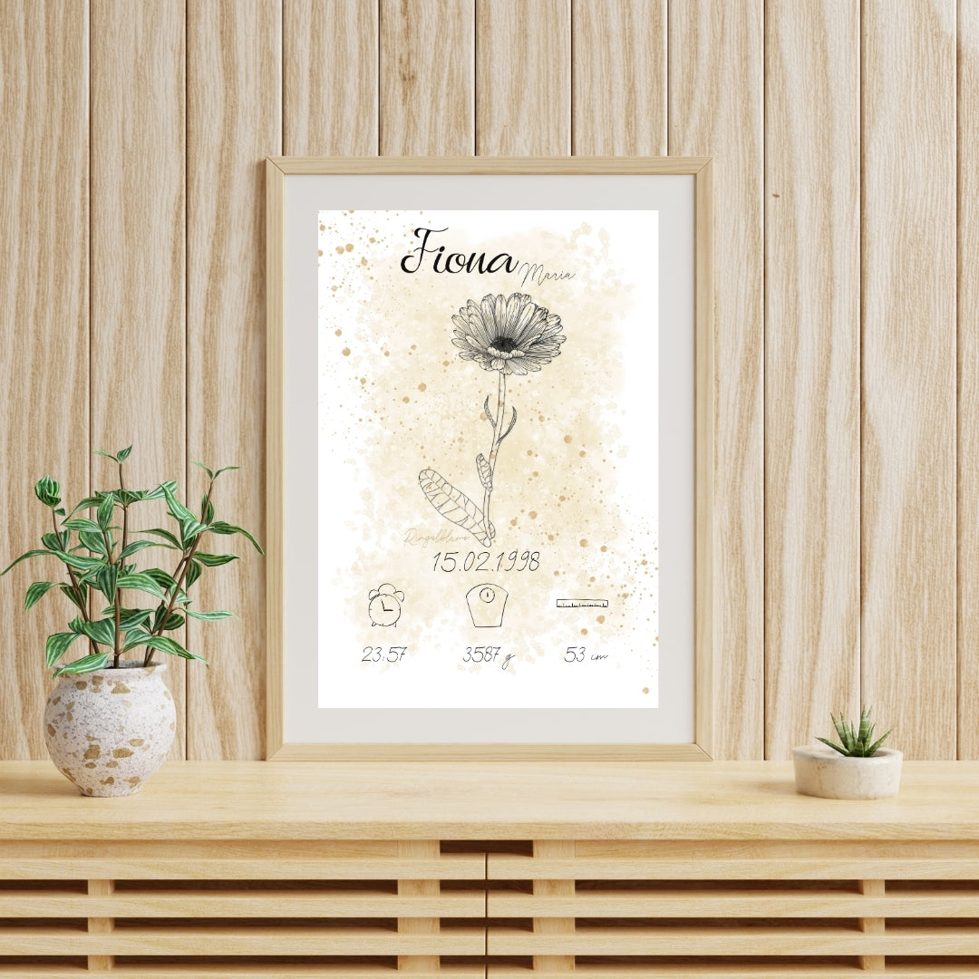 Personalisiertes Geburtsposter: Geburtsblume Oktober Ringelblume | Beige