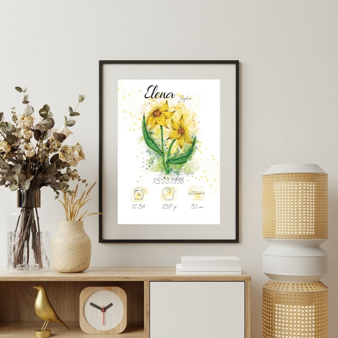 Personalisiertes Geburtsposter: Geburtsblume März Narzisse | Bunt