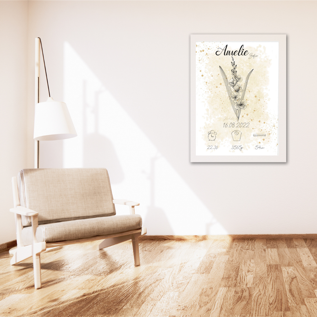 Personalisiertes Geburtsposter: Geburtsblume August Gladiole | Beige
