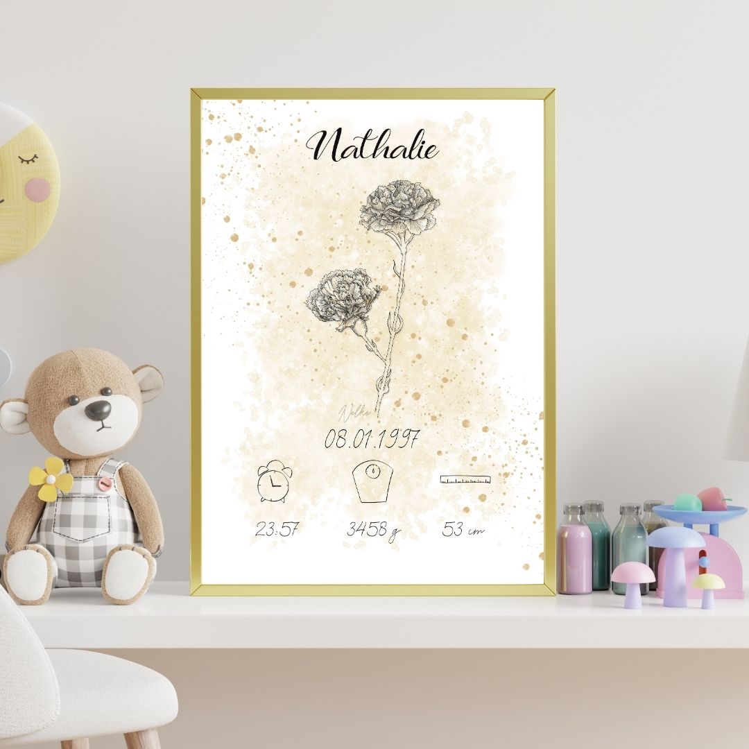 Personalisiertes Geburtsposter: Geburtsblume Januar Nelke | Beige