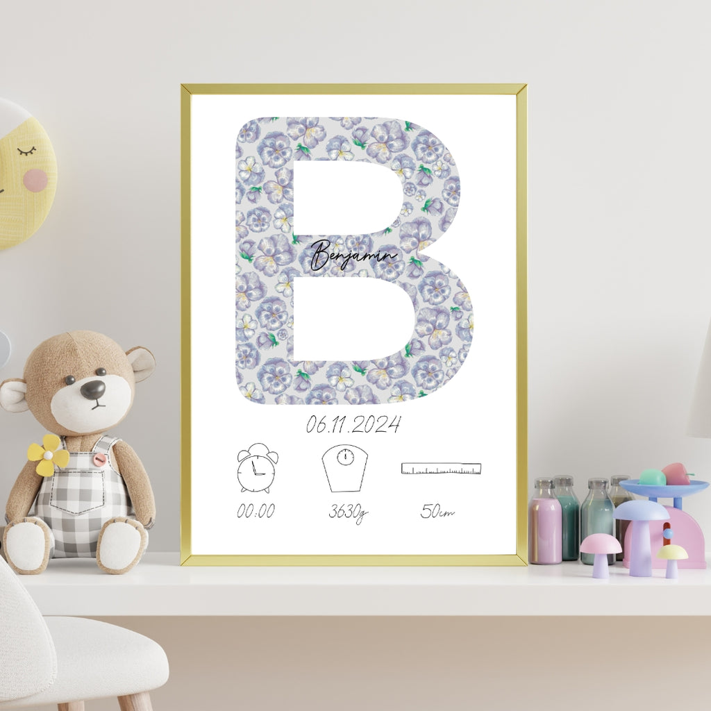 Personalisiertes Geburtsposter: Buchstaben | Veilchenmuster