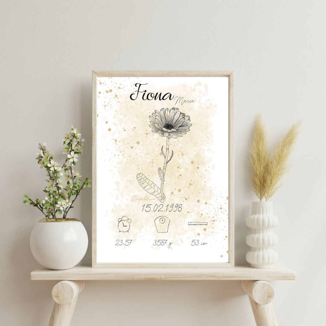 Personalisiertes Geburtsposter: Geburtsblume Oktober Ringelblume | Beige