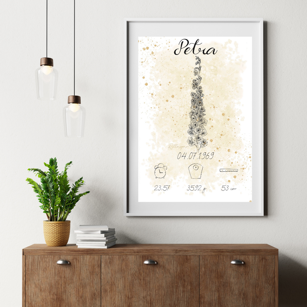 Personalisiertes Geburtsposter: Geburtsblume Juli Rittersporn | Beige