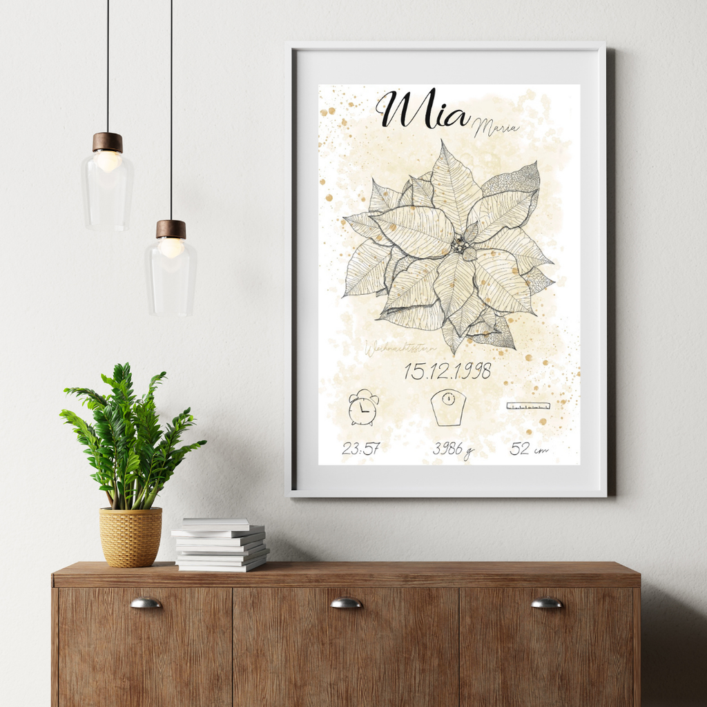 Personalisiertes Geburtsposter: Geburtsblume Dezember Weihnachtsstern | Beige