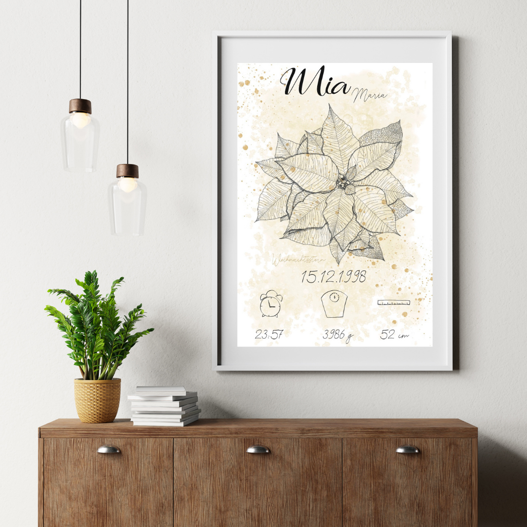 Personalisiertes Geburtsposter: Geburtsblume Dezember Weihnachtsstern | Beige