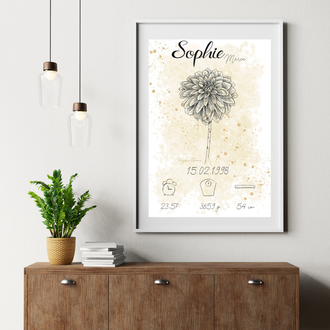 Personalisiertes Geburtsposter: Geburtsblume November Chrysantheme | Beige