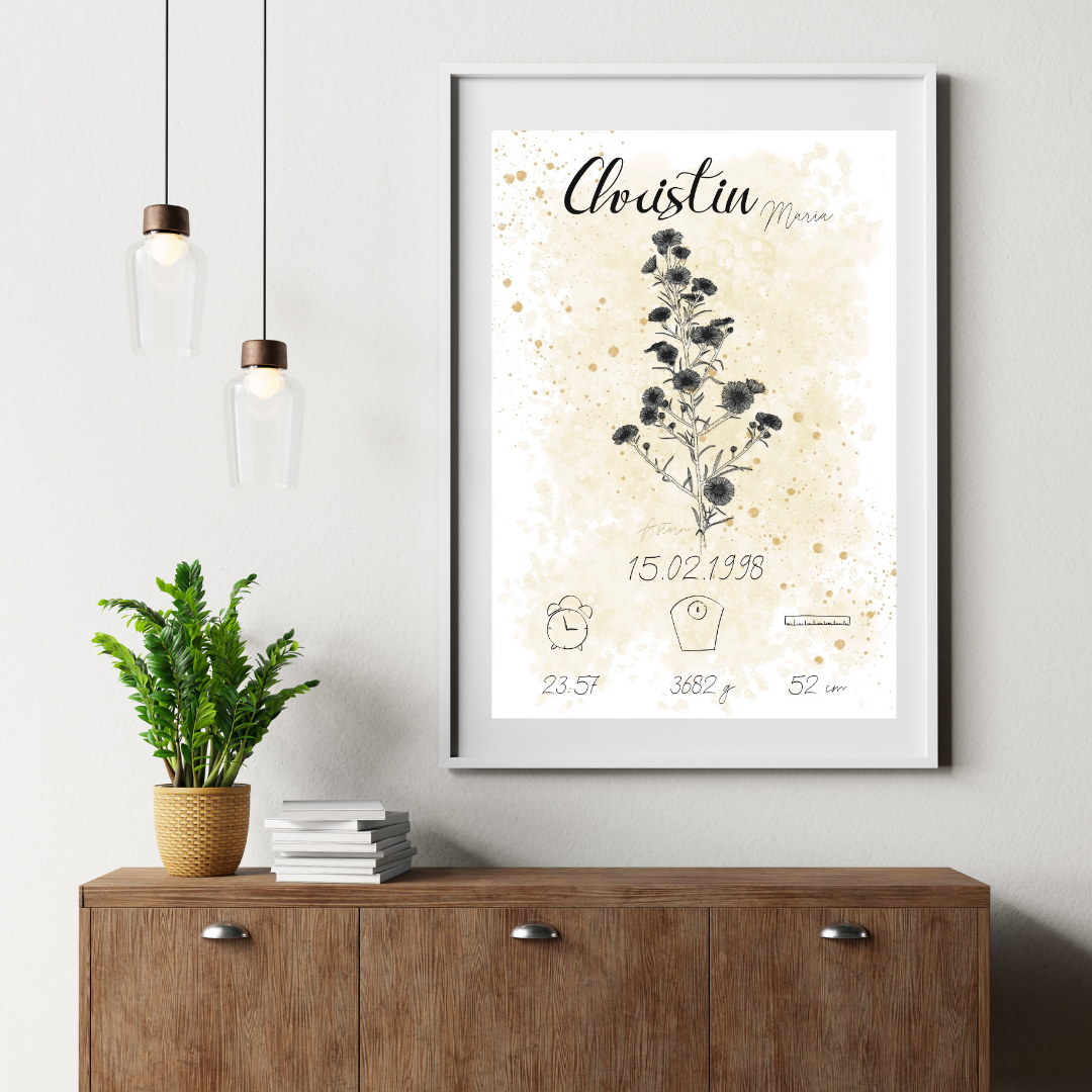 Personalisiertes Geburtsposter: Geburtsblume September Astern | Beige