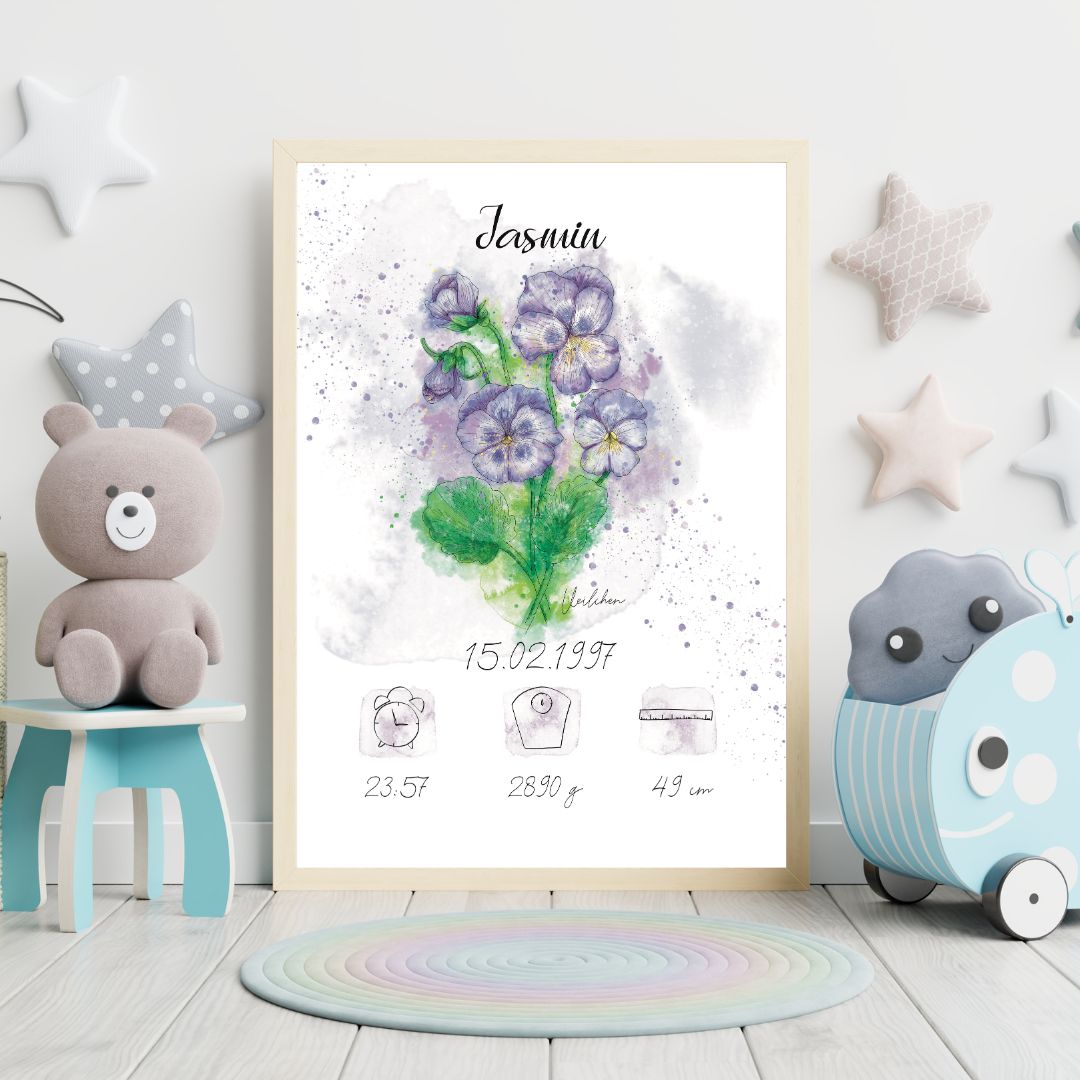Personalisiertes Geburtsposter: Geburtsblume Februar Veilchen | Bunt