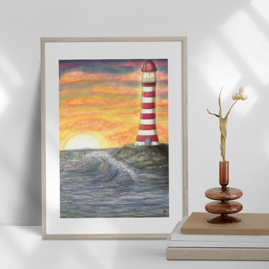 Poster Leuchtturm im Sonnenuntergang