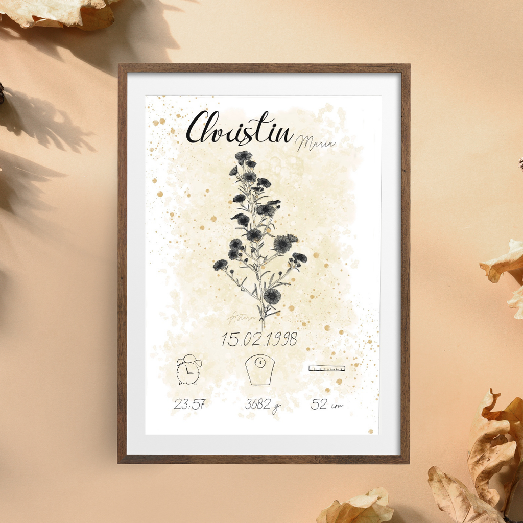 Personalisiertes Geburtsposter: Geburtsblume September Astern | Beige