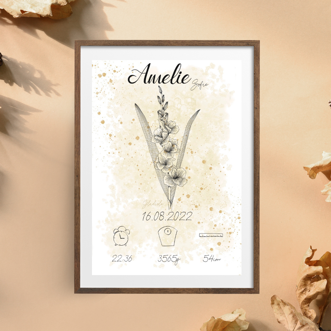 Personalisiertes Geburtsposter: Geburtsblume August Gladiole | Beige