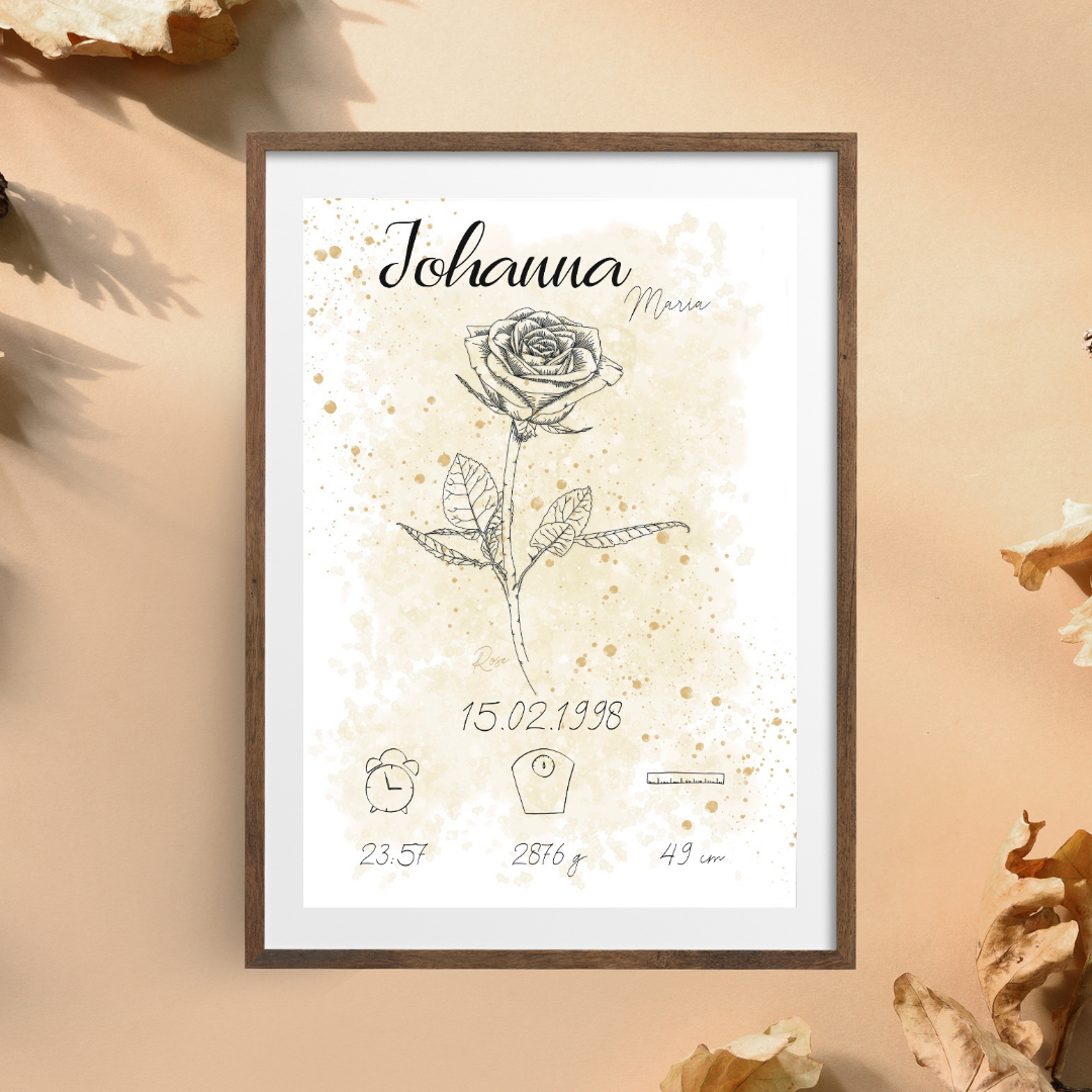 Personalisiertes Geburtsposter: Geburtsblume Juni Rose | Beige