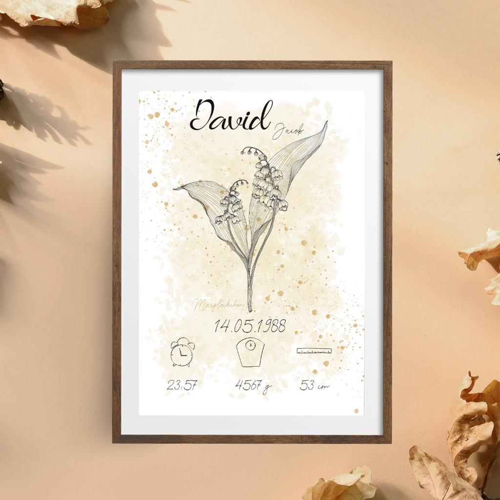 Personalisiertes Geburtsposter: Geburtsblume Mai Maiglöckchen | Beige