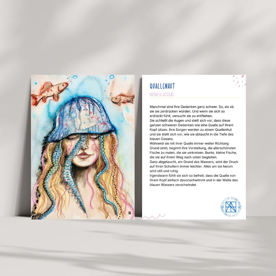 Traumpost_Juli_Snailmail_metime_Auszeit_Überraschung_Brief_Freundin_Geschichten_Postkarte_Kunstdruck_wasser_Meer_Qualle_Sticker_Fische_unter_Wasser_Gedanken_Freundschaft_Original_Wandkunst_Mix-Media_Aquarell_Kunstwerk_Bedeutung_Schlafzimmer_Wohnzimmer_Kinderzimmer_Flur_Einrichtung_Dekoration_Deko_Ausstattung