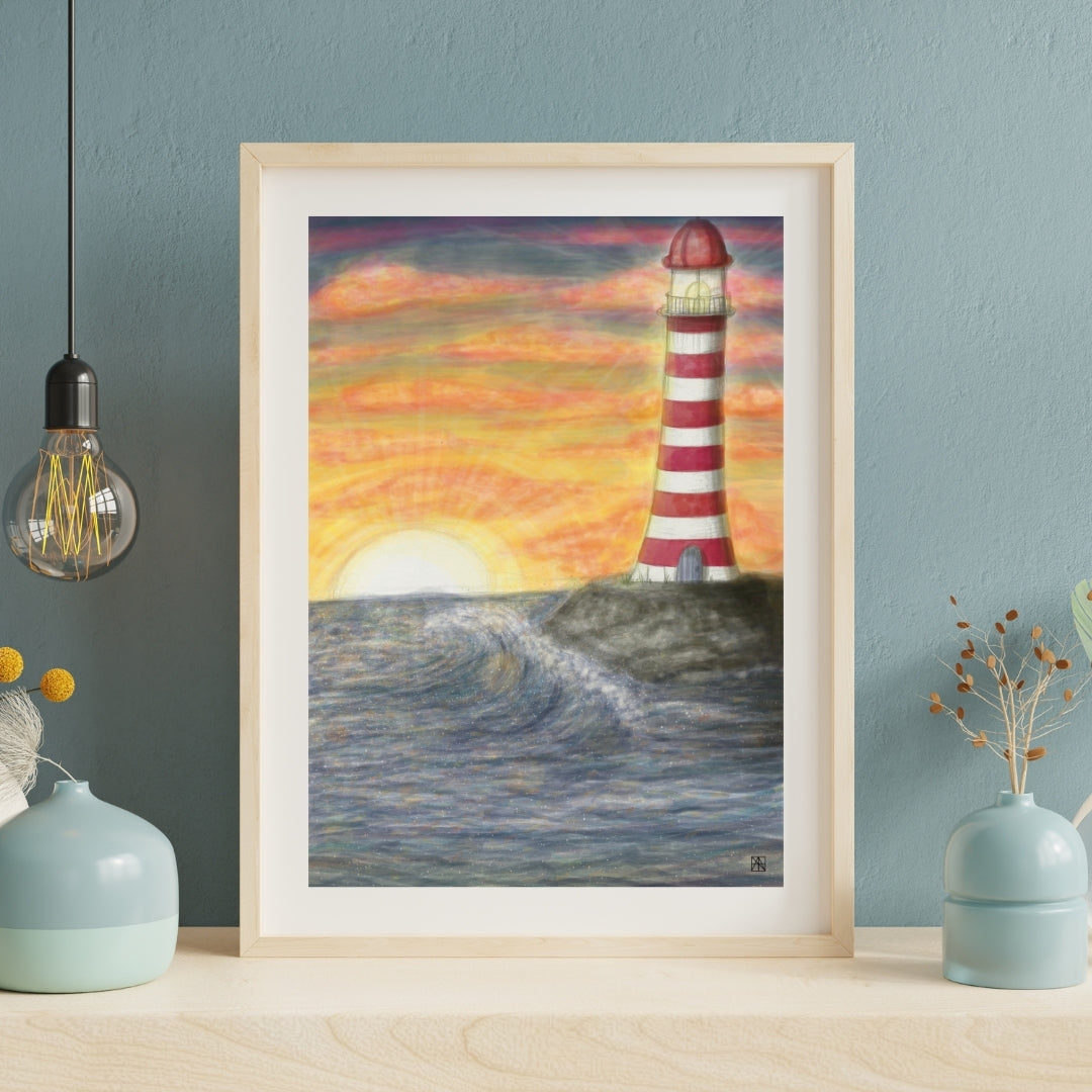 Poster Leuchtturm im Sonnenuntergang