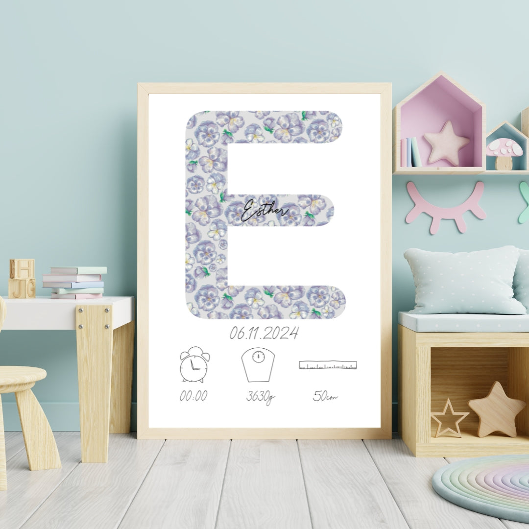 Personalisiertes Geburtsposter: Buchstaben | Veilchenmuster