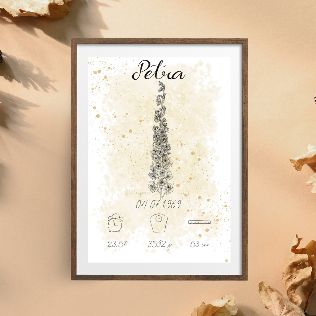 Personalisiertes Geburtsposter: Geburtsblume Juli Rittersporn | Beige