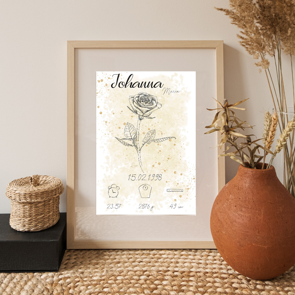 Personalisiertes Geburtsposter: Geburtsblume Juni Rose | Beige