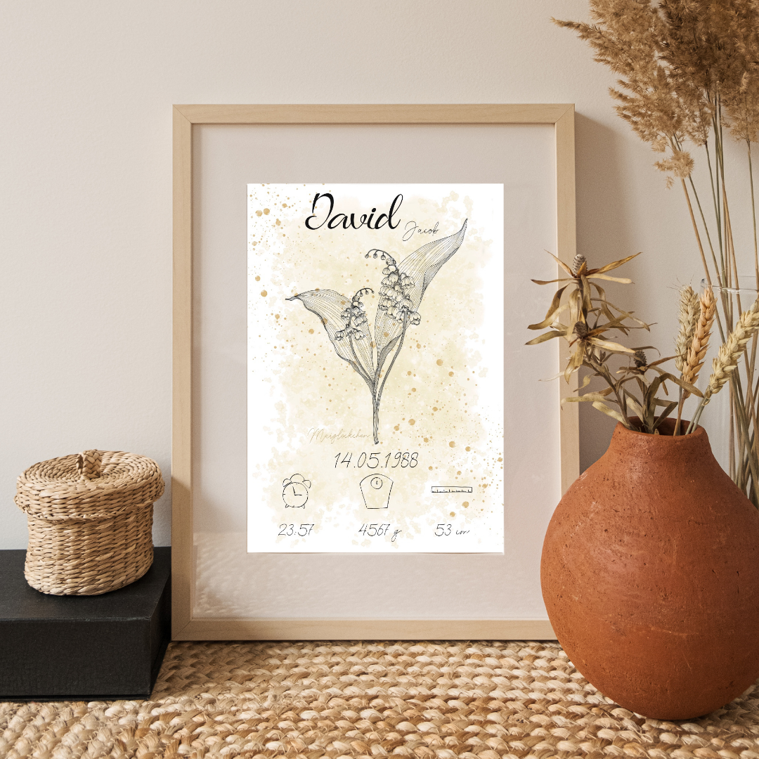 Personalisiertes Geburtsposter: Geburtsblume Mai Maiglöckchen | Beige