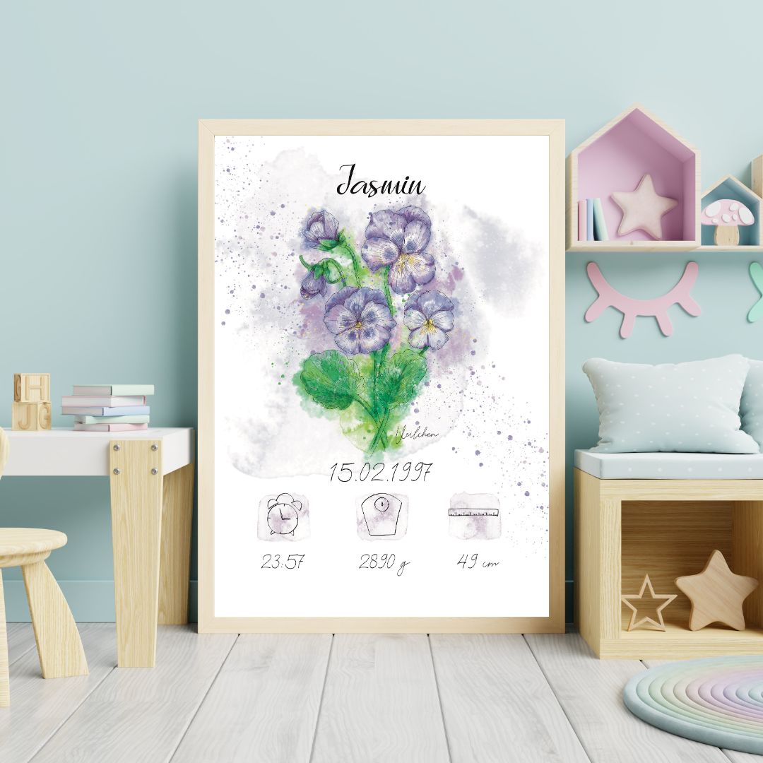 Personalisiertes Geburtsposter: Geburtsblume Februar Veilchen | Bunt