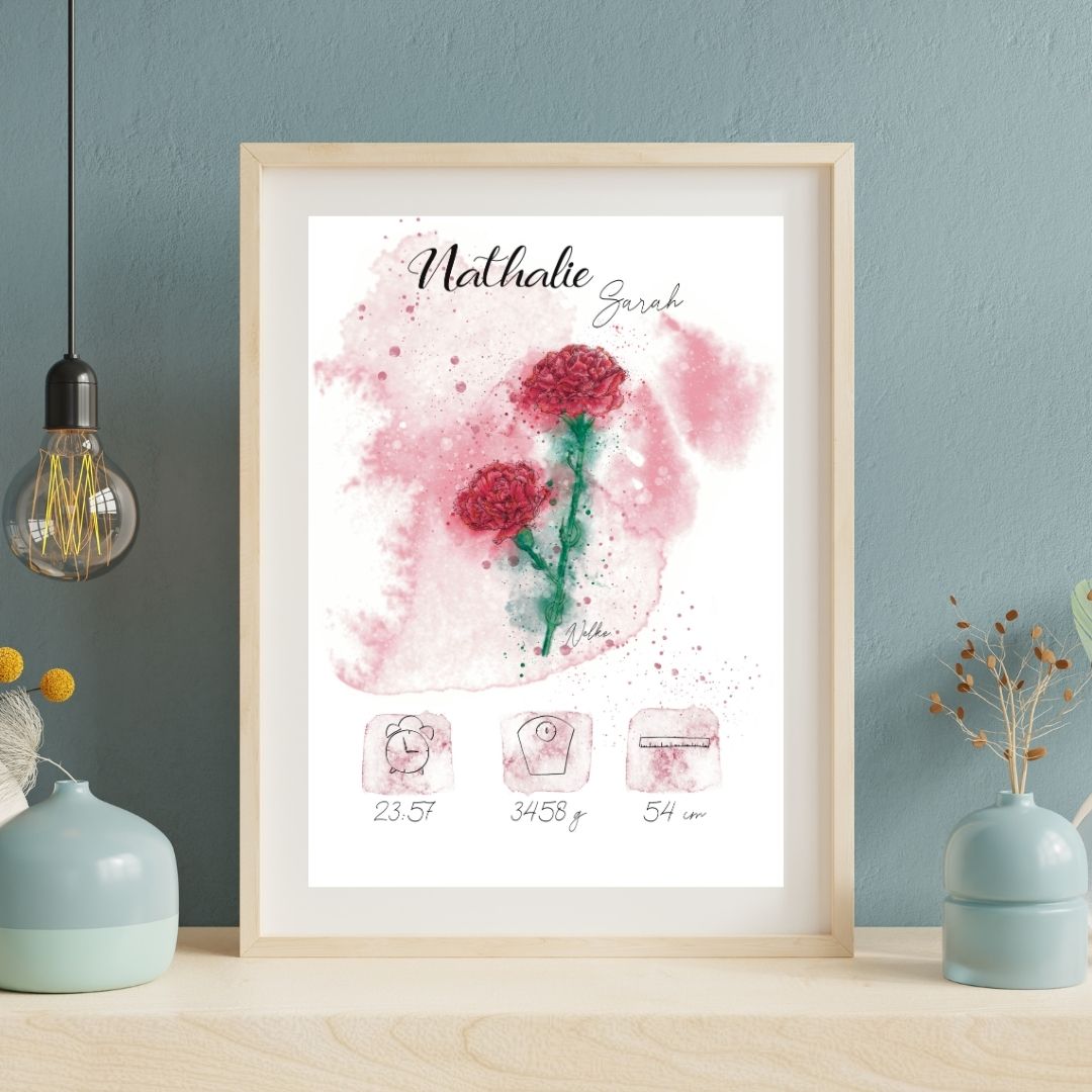 Personalisiertes Geburtsposter: Geburtsblume Januar Nelke | Bunt