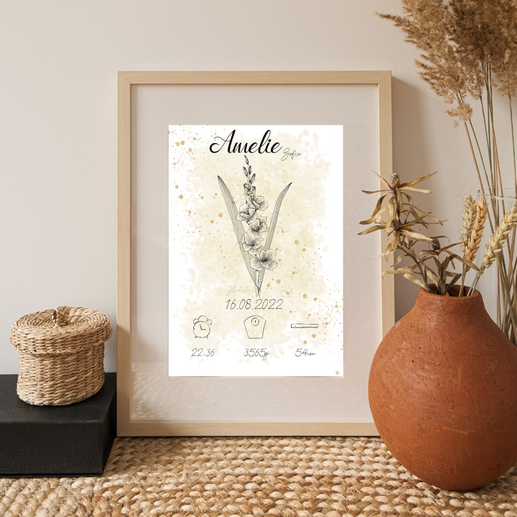 Personalisiertes Geburtsposter: Geburtsblume August Gladiole | Beige