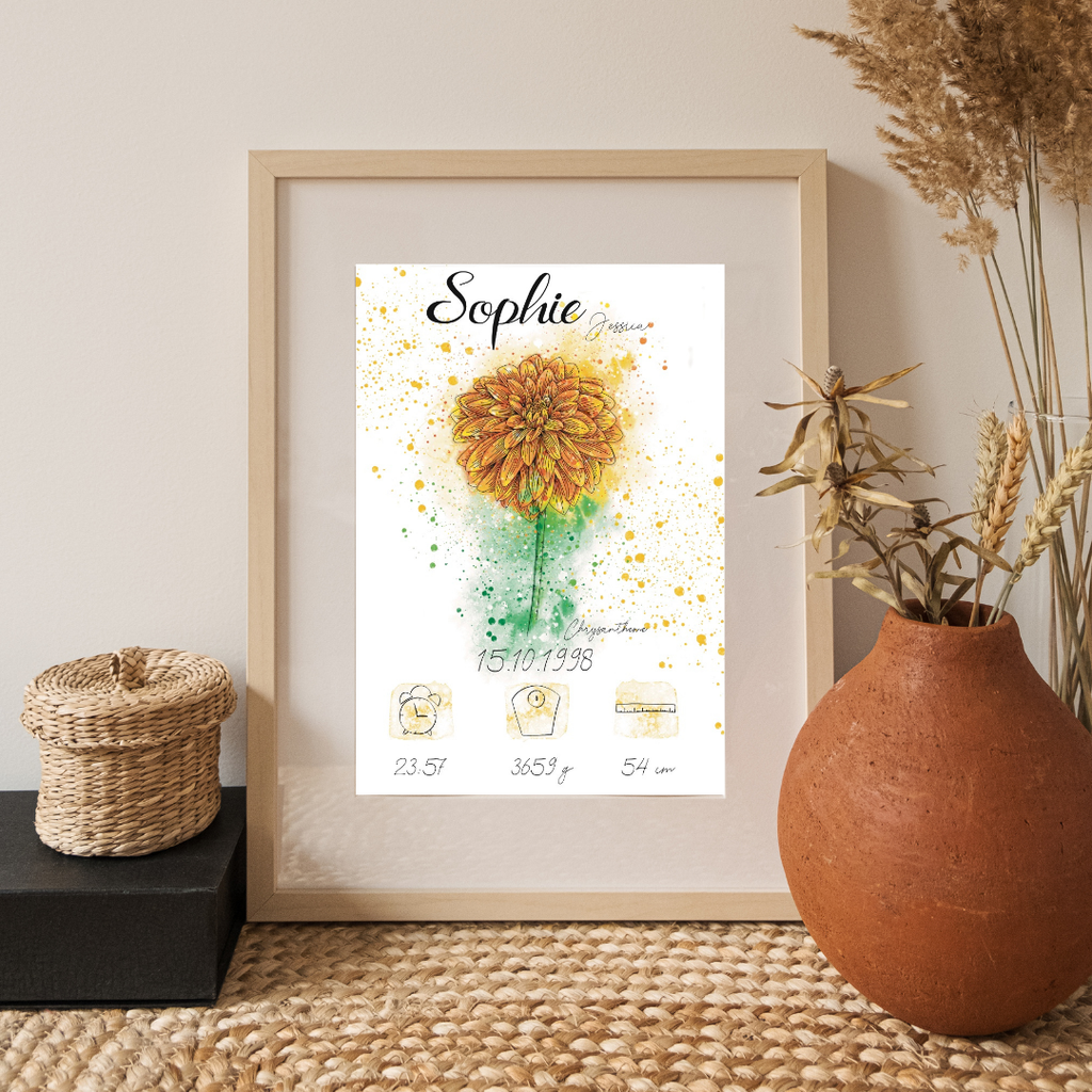 Personalisiertes Geburtsposter: Geburtsblume November Chrysantheme | Bunt