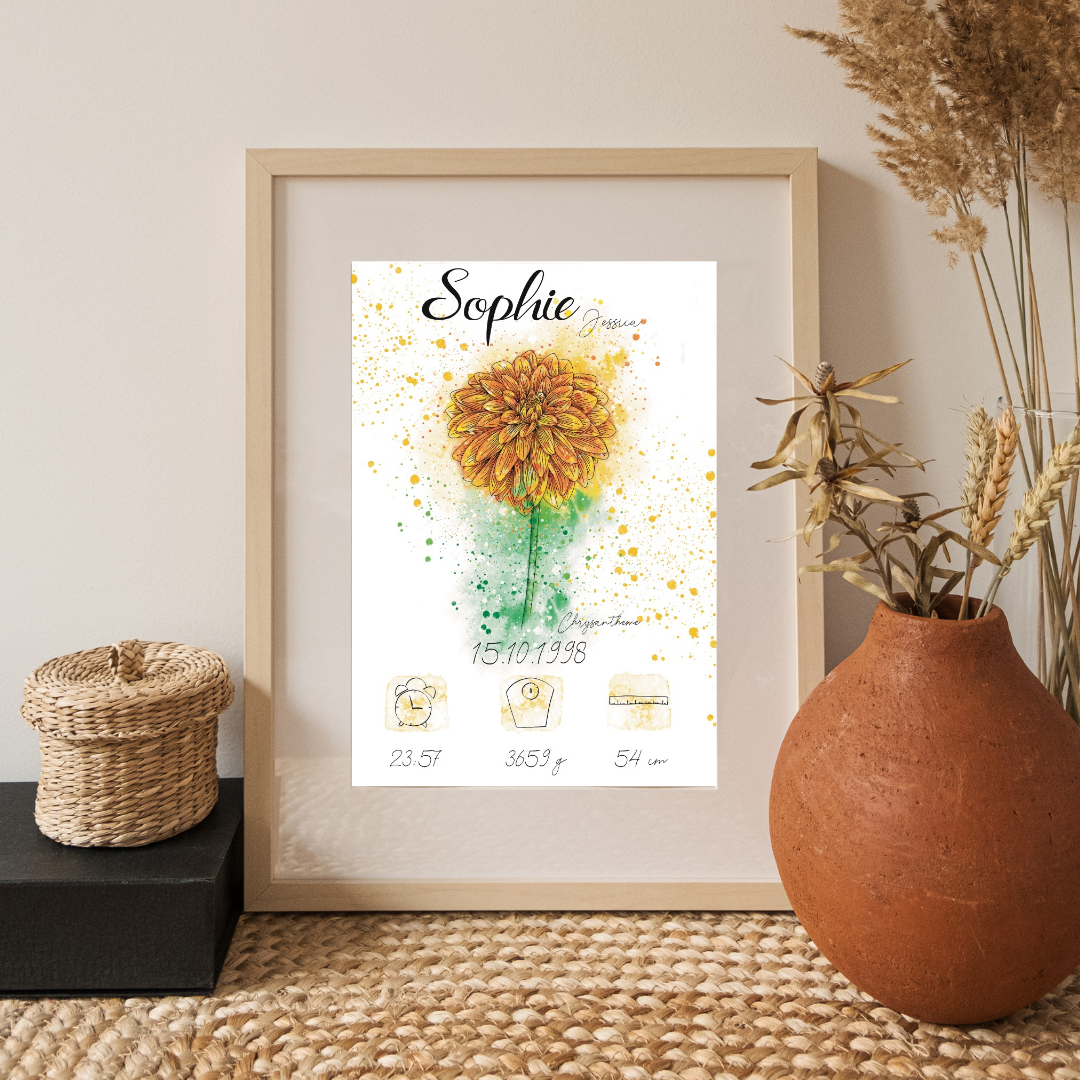 Personalisiertes Geburtsposter: Geburtsblume November Chrysantheme | Bunt
