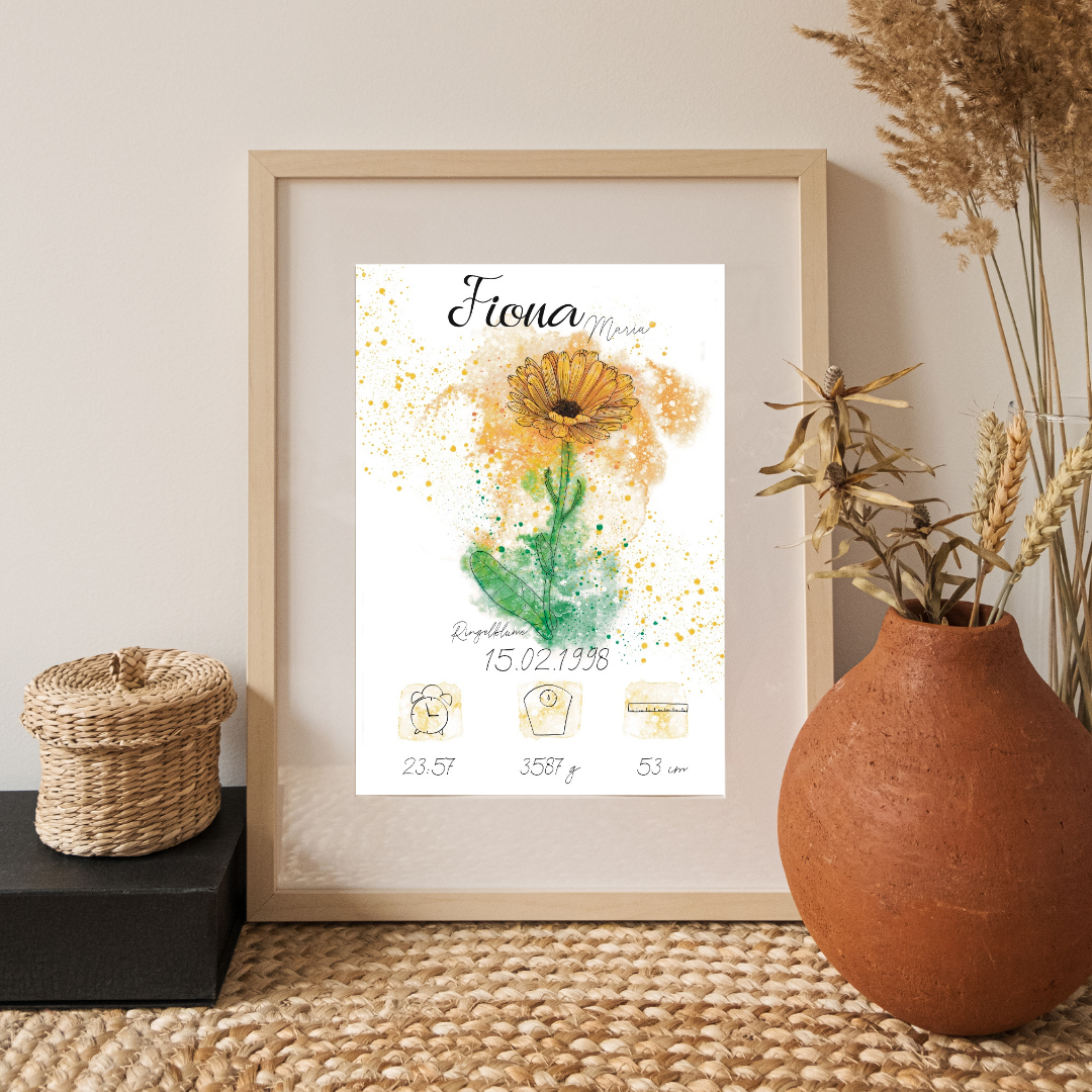 Personalisiertes Geburtsposter: Geburtsblume Oktober Ringelblume | Bunt