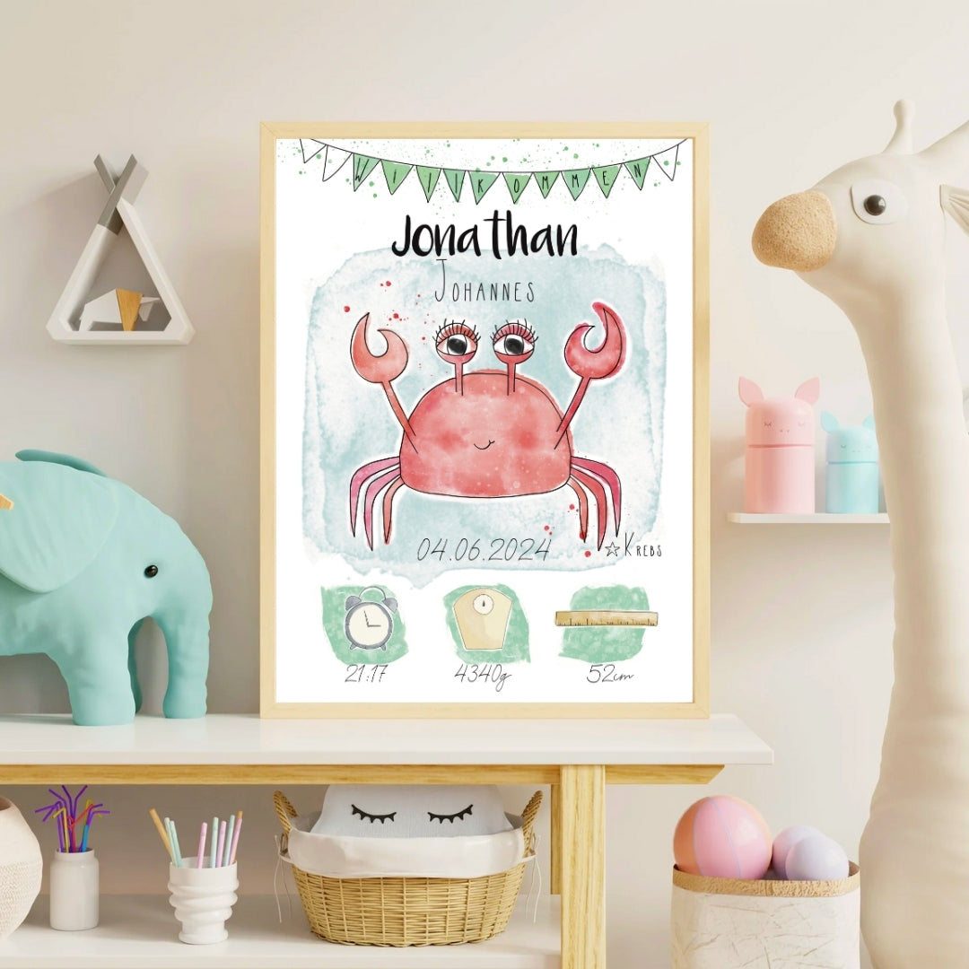 Personalisiertes Geburtsposter: Sternzeichen Krebs | 22.Juni - 22.Juli