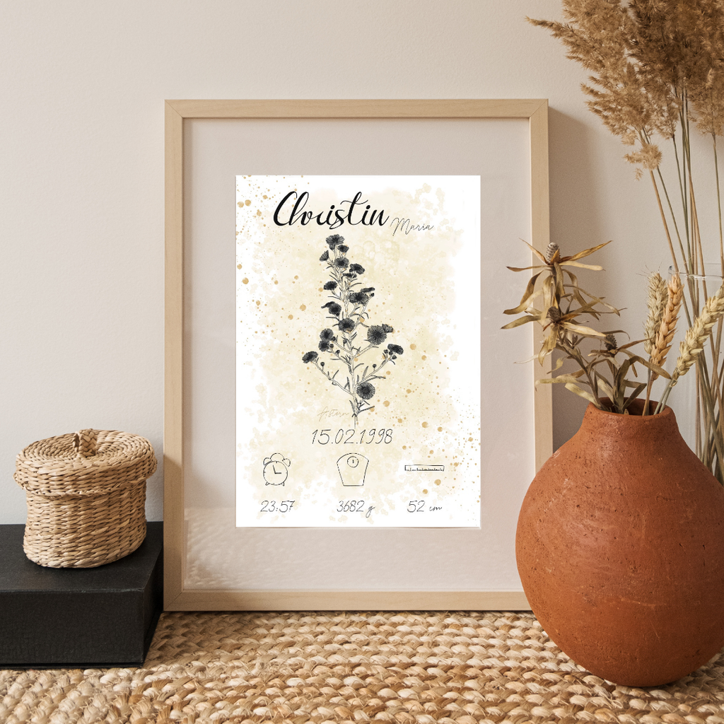 Personalisiertes Geburtsposter: Geburtsblume September Astern | Beige