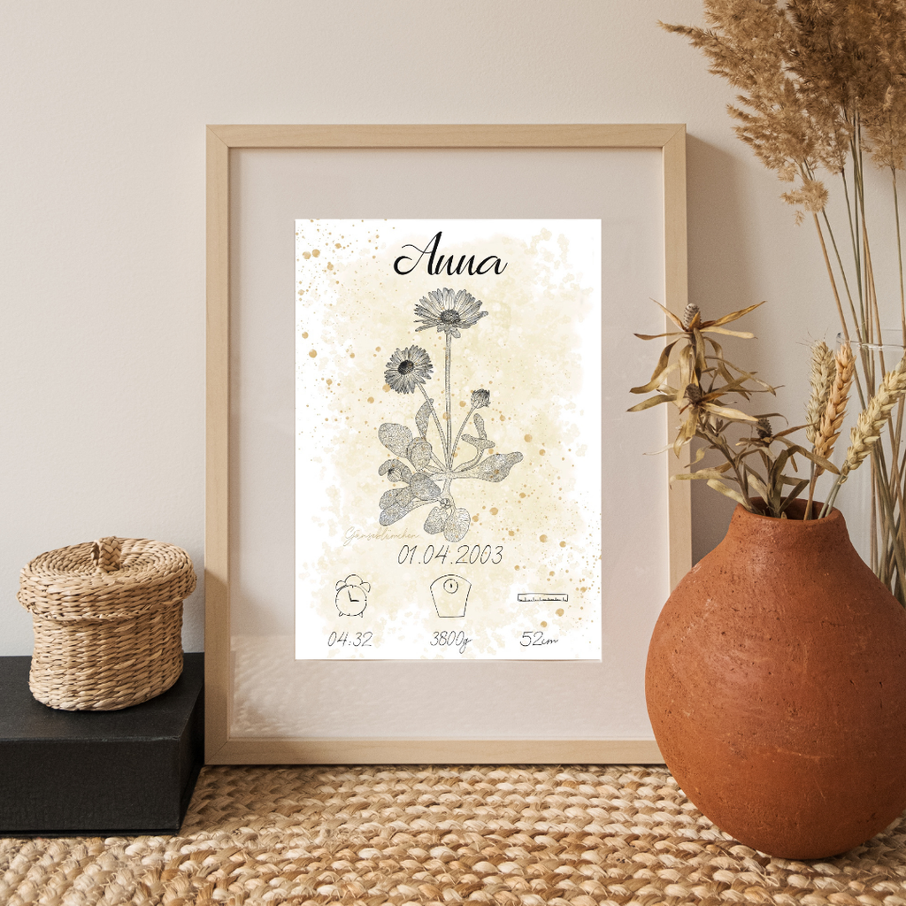 Personalisiertes Geburtsposter: Geburtsblume April Gänseblümchen | Beige