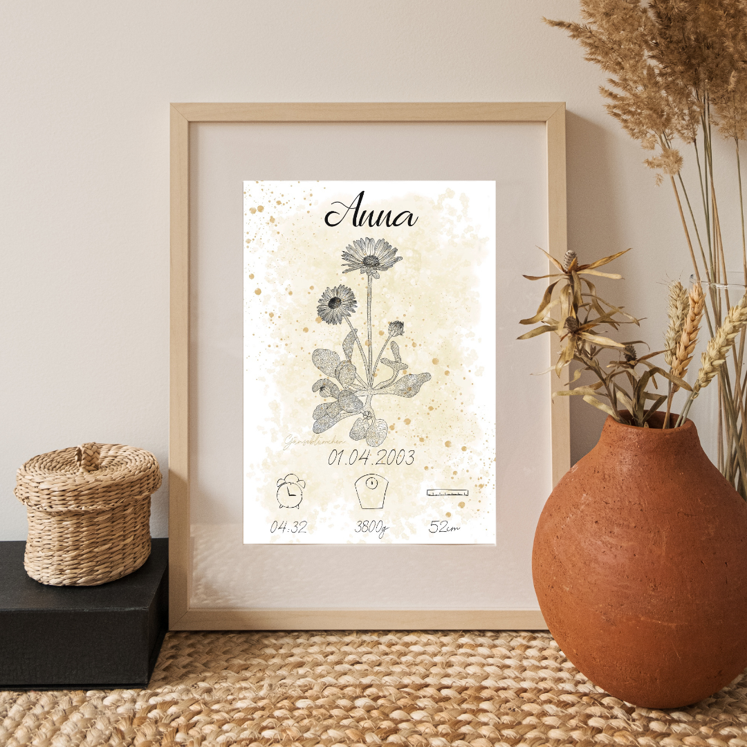Personalisiertes Geburtsposter: Geburtsblume April Gänseblümchen | Beige