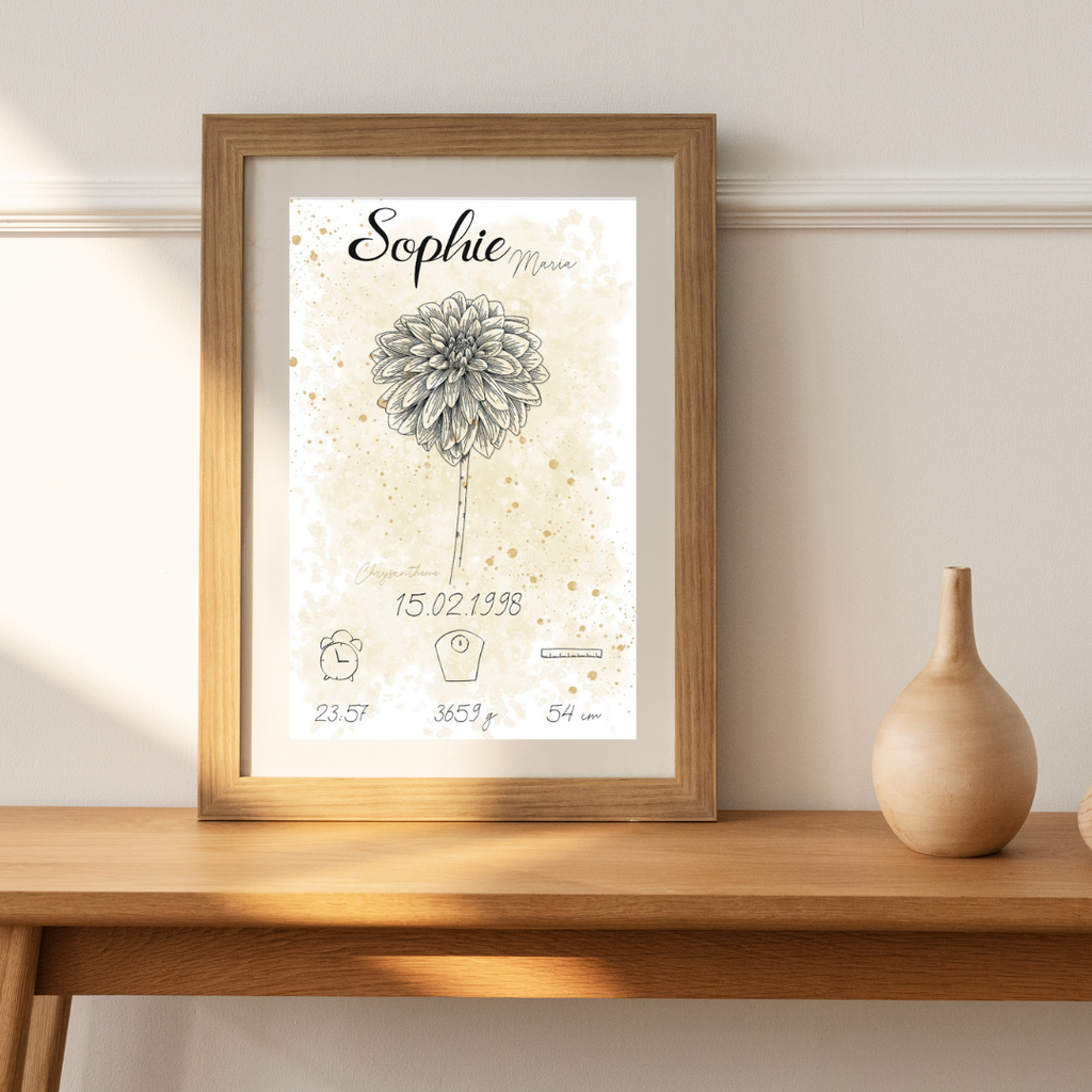 Personalisiertes Geburtsposter: Geburtsblume November Chrysantheme | Beige