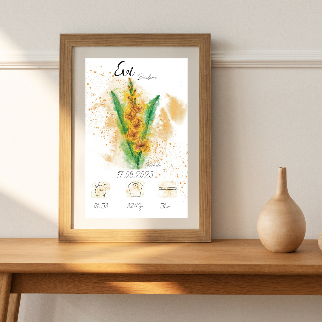 Personalisiertes Geburtsposter: Geburtsblume August Gladiole | Bunt