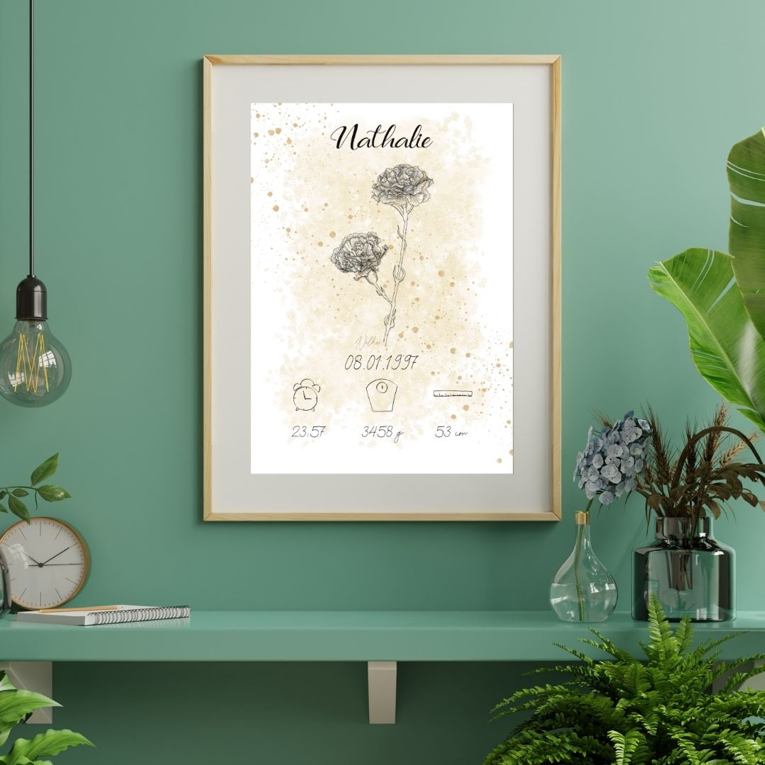 Personalisiertes Geburtsposter: Geburtsblume Januar Nelke | Beige