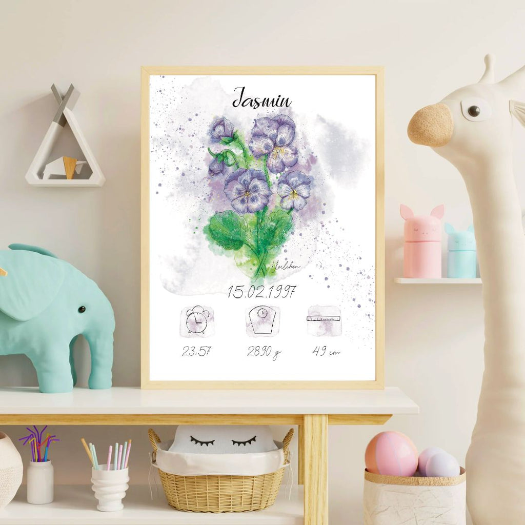 Personalisiertes Geburtsposter: Geburtsblume Februar Veilchen | Bunt