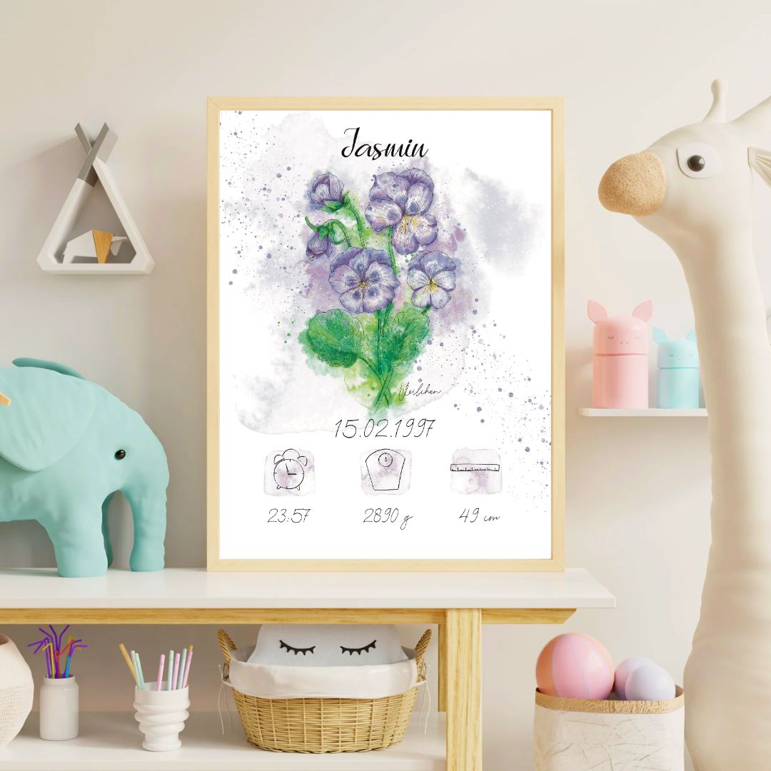 Personalisiertes Geburtsposter: Geburtsblume Februar Veilchen | Bunt