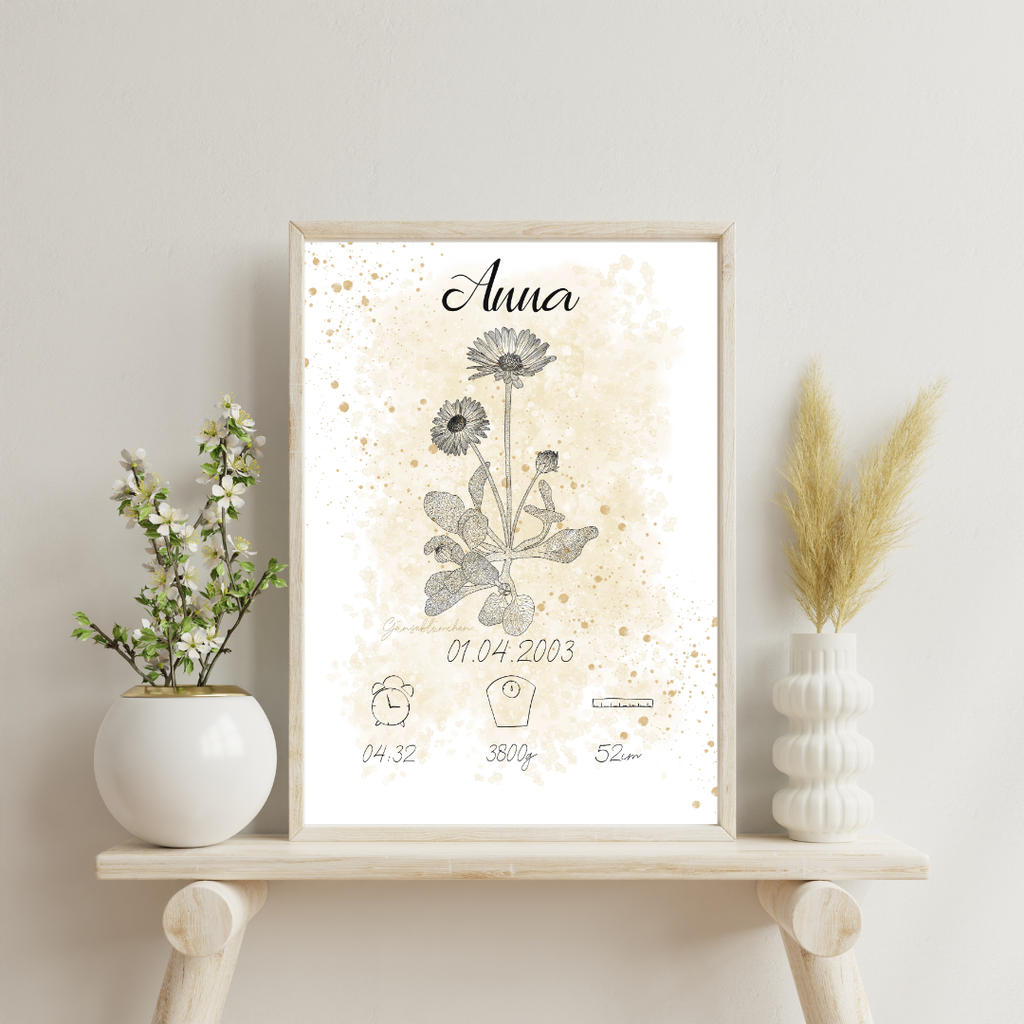 Personalisiertes Geburtsposter: Geburtsblume April Gänseblümchen | Beige