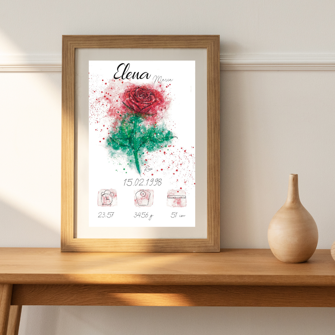 Personalisiertes Geburtsposter: Geburtsblume Juni Rose | Bunt