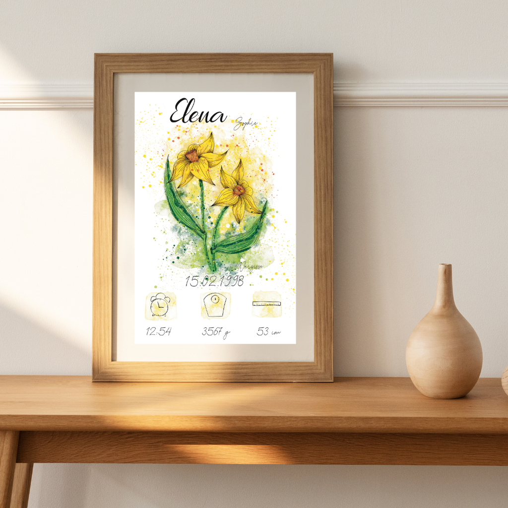 Personalisiertes Geburtsposter: Geburtsblume März Narzisse | Bunt