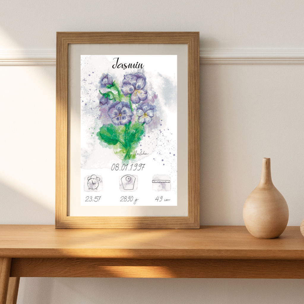 Personalisiertes Geburtsposter: Geburtsblume Februar Veilchen | Bunt