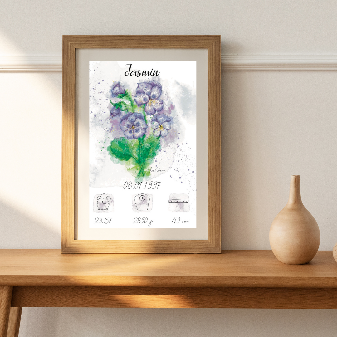 Personalisiertes Geburtsposter: Geburtsblume Februar Veilchen | Bunt