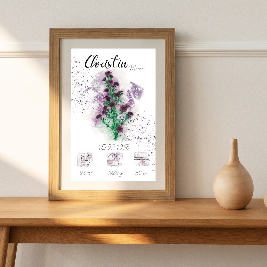 Personalisiertes Geburtsposter: Geburtsblume September Astern | Bunt