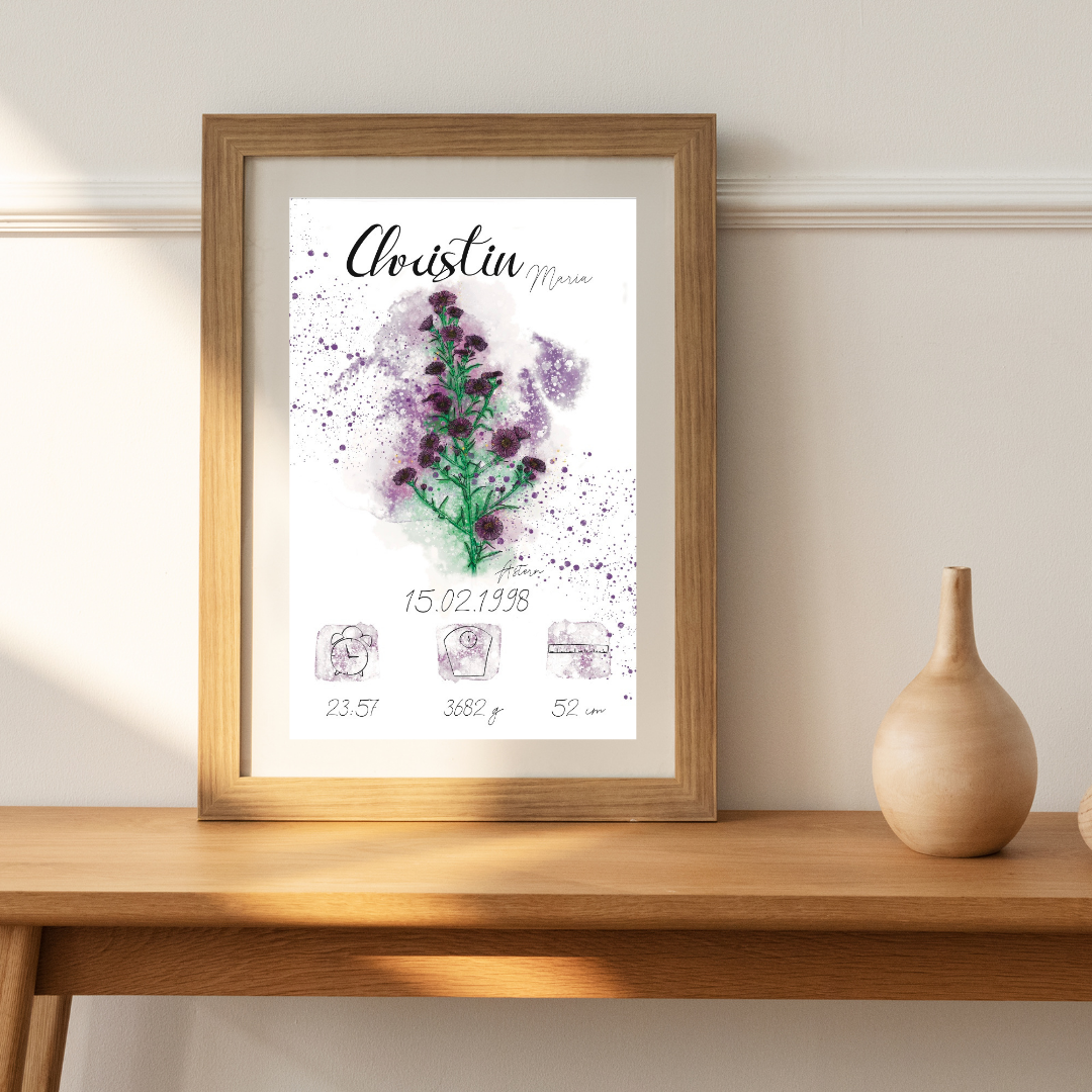Personalisiertes Geburtsposter: Geburtsblume September Astern | Bunt