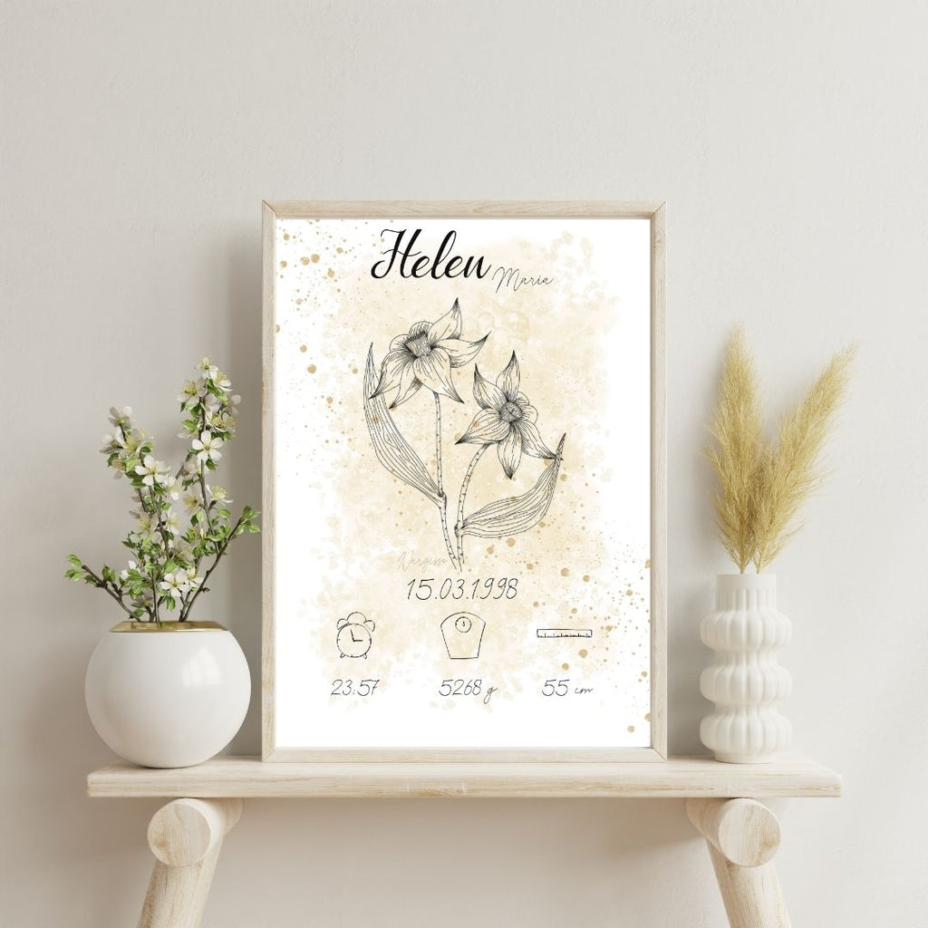Personalisiertes Geburtsposter: Geburtsblume März Narzisse | Beige