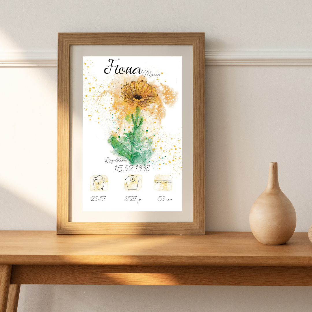 Personalisiertes Geburtsposter: Geburtsblume Oktober Ringelblume | Bunt