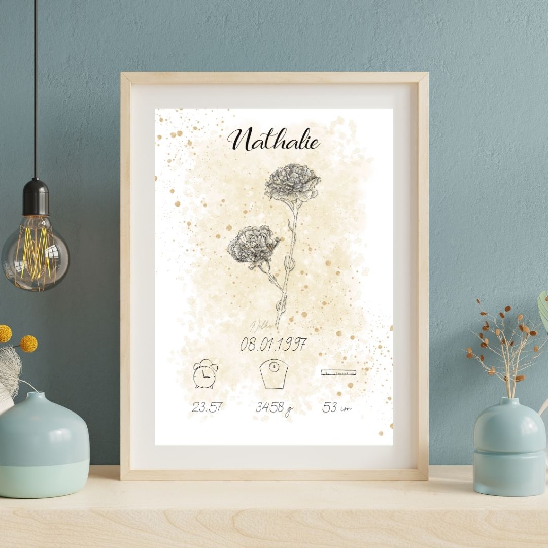 Personalisiertes Geburtsposter: Geburtsblume Januar Nelke | Beige